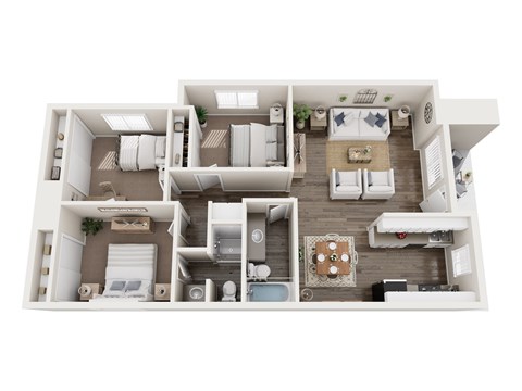 A top-down view of a two-bedroom apartment with a living room, kitchen, and bathroom.